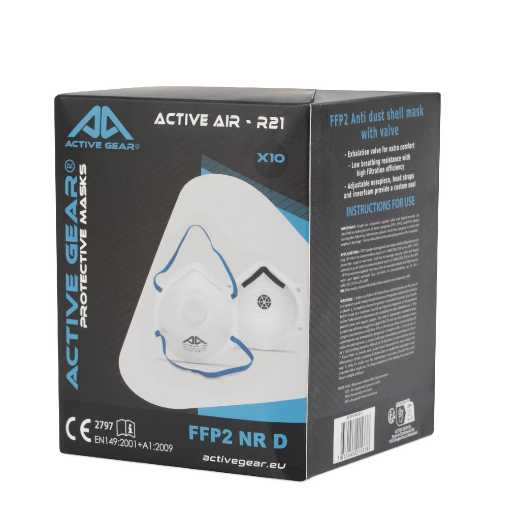 ACTIVE GEAR® AG.R21 – Maschera FFP2 NR D a Conchiglia con Valvola 10Pz